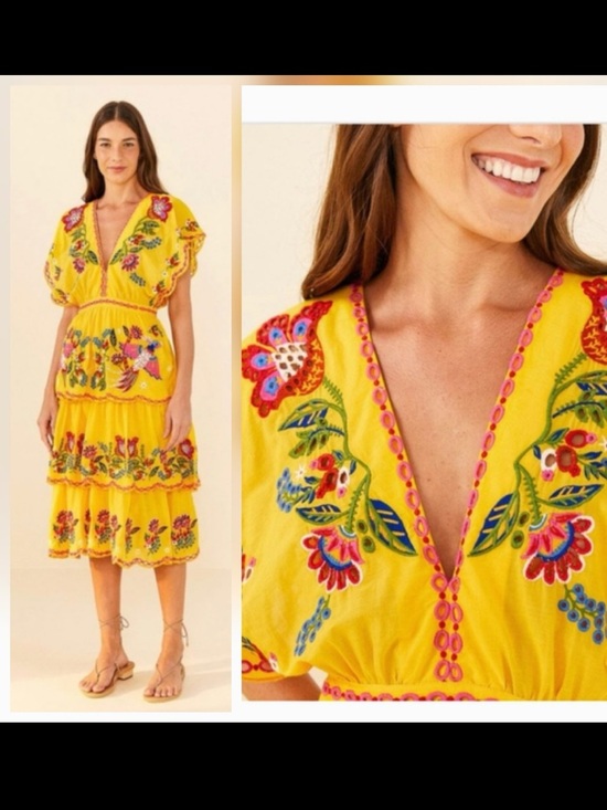FARM Rio Dresses & Skirts - NWT Farm Rio Yellow Embroidered Richilier Midi Dress XS